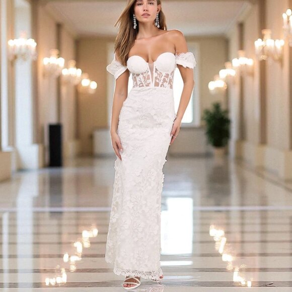 Lulus Midnight Sparkle White Embroidered Feather Bustier Maxi Dress Size Medium - Picture 1 of 11